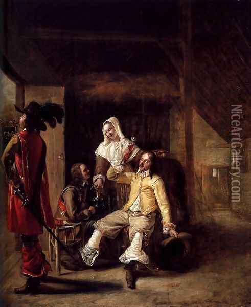Two Soldiers and a Serving Woman with a Trumpeter Oil Painting - Pieter De Hooch