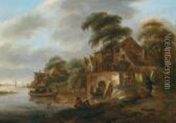 Villaggio Su Un Fiume Con Imbarcazioni E Contadini Oil Painting - Claes Molenaar (see Molenaer)