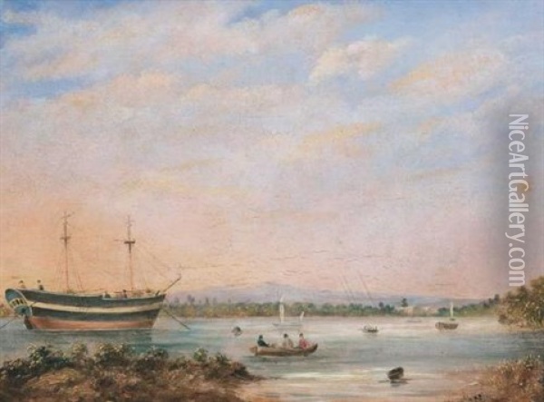 Distant View Of The Landing Place And The Iron Stores At Port Adelaide, South Australia (+ 3 Others; 4 Works) Oil Painting - William Light
