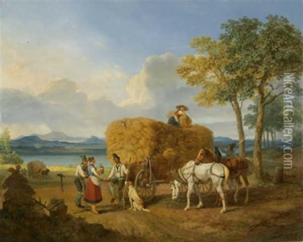 Nach Der Ernte. Oberbayerische Landschaft Mit See Oil Painting - Karl Wilhelm Von Heideck