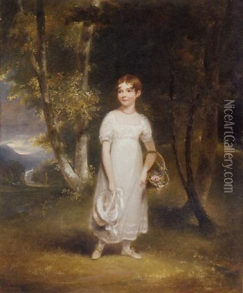 Portrait Of Miss Collier In A White Dress And A Red Necklace, Holding Her Hat In One Hand And Carrying A Basket Of Flowers, In A Wooded Landscape, A Classical Building Beyond Oil Painting - Maria Spilsbury