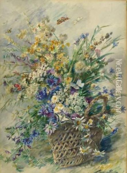 Korb Mit Wiesenblumen Und Zwei Schmetterlingen Oil Painting - Madeleine Jeanne Lemaire