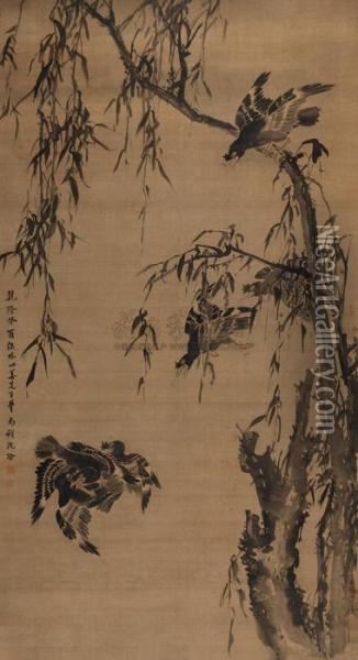 Magpie In Willow Oil Painting - Shen Quan