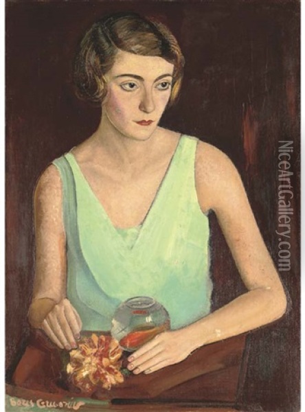 Portrait Of A Young Woman In A Green Dress Oil Painting - Boris Dmitrievich Grigoriev