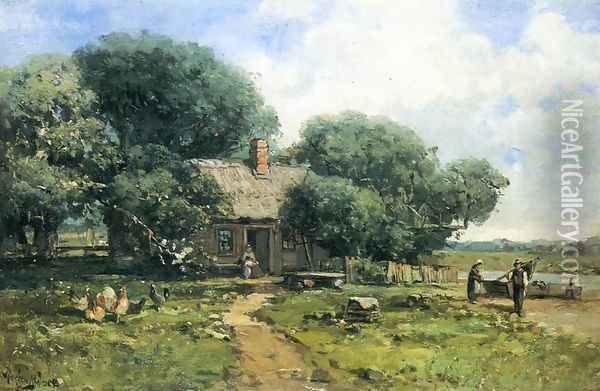 A Farm Along the River Oil Painting - Andrew Melrose