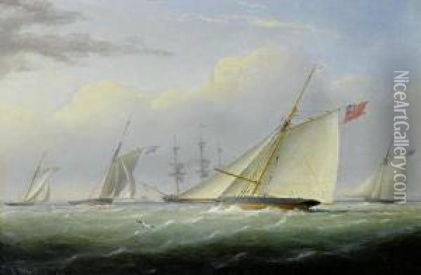 Racing Cutters Of The Royal Yacht Squadron Jockeying For Position In The Solent Oil Painting - Joseph Walter