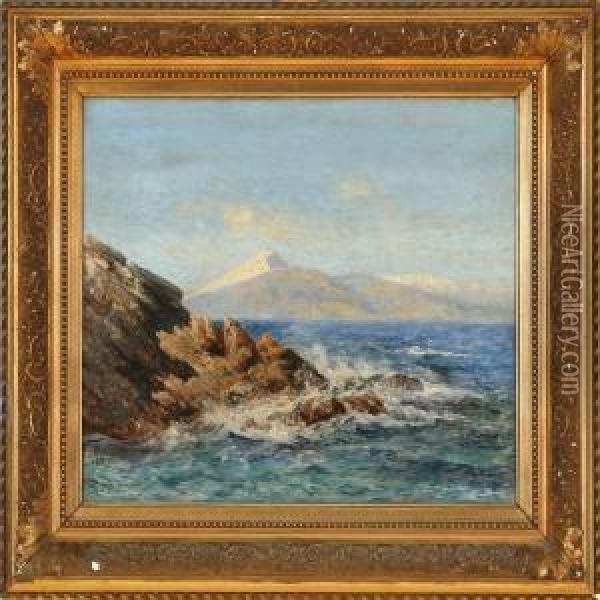 Greek Coastal Scene From Rhamnous With A View To Euboea Oil Painting - Thorvald Simeon Niss