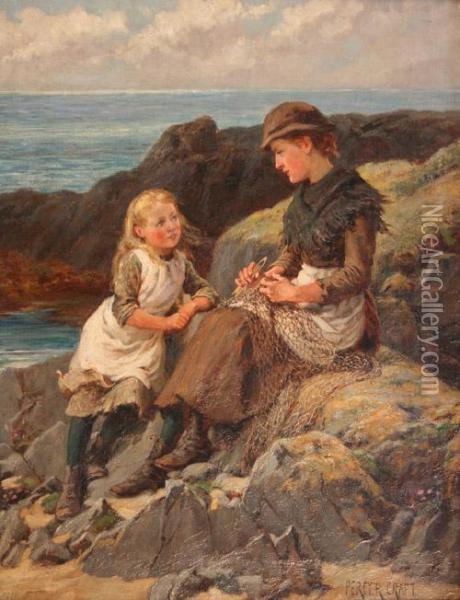 Fishergirl Repairing A Net Beside Another Girl Within A Rocky Coastal Landscape Oil Painting - Percy Robert Craft