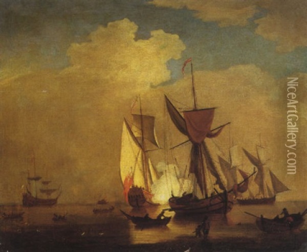 An English Man O' War Firing A Salute In Calm Waters, Other Sailing Vessel Nearby With Fishermen On The Beach In The Foreground Oil Painting - Peter Monamy