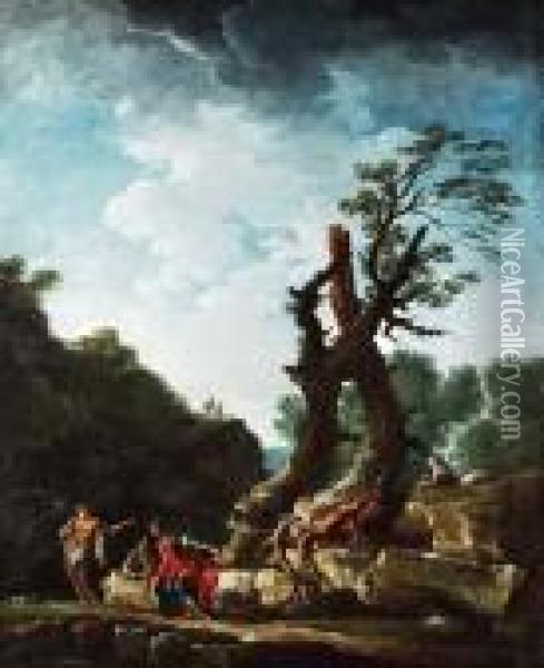 Arkadische Landschaft Mit Zwei
 Alten Eichenbaumen, Bergfestung Oil Painting - Andrea Locatelli