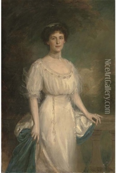Portrait Of A Lady In A White Dress And Ermin Trimmed Cloak Oil Painting - Edward Patry