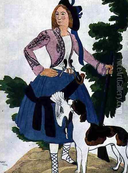 Costume design for The Huntress, 1922 Oil Painting - Leon Samoilovitch Bakst