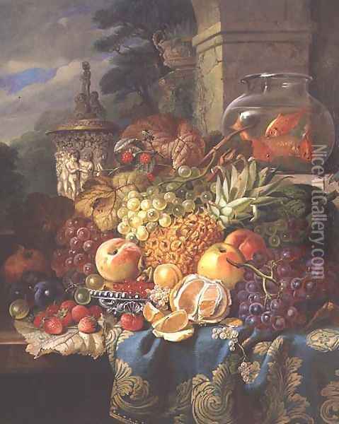 Still life of fruit on a ledge with a goldfish bowl, 1876 Oil Painting - William John Wainwright