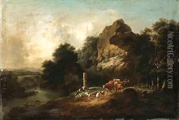 A Landscape with a Shepherd resting on a Riverbank Oil Painting - English School