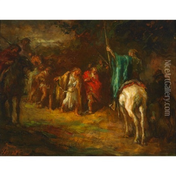 Horsemen Leading Captives Through A Forest Oil Painting - Johannes Hendricus Jurres