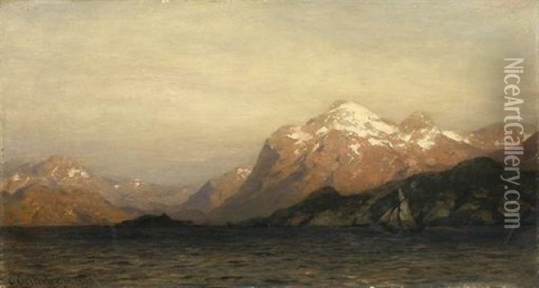 Malerisch Beleuchtete Fjordlandschaft Mit Segelschiff Oil Painting - Carl August Heinrich Ferdinand Oesterley