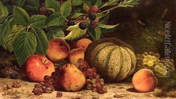 Still Life with Melon, Grapes, Peaches, Pears and Black Raspberries Oil Painting - William Mason Brown