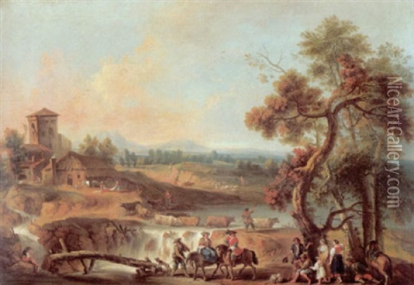 Sudlandische Hugellandschaft Mit Bauern Und Reisenden Zu Pferde Oil Painting - Jean Baptiste Forest
