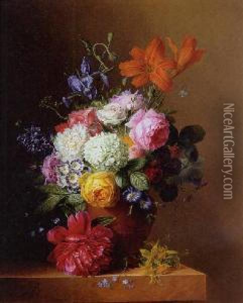 Flowers In A Terracotta Urn Resting On A Marble Ledge Oil Painting - Arnoldus Bloemers