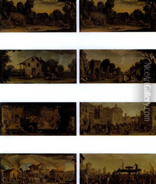 Les Miseres De La Guerre (12 Works In 3 Frames) Oil Painting - Jacques Callot