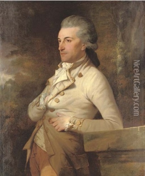 Portrait Of A Gentleman In A Cream Coat And Waistcoat With Gold Buttons And Trim Oil Painting - William Young Ottley