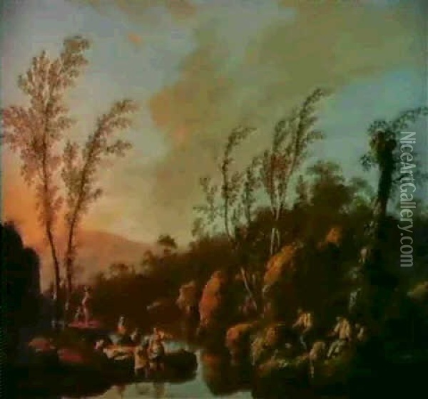 Pecheurs Et Lavandieres Dans Un                             Paysage Oil Painting - Jean Baptiste Pillement