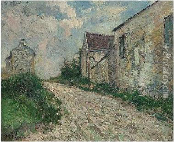 Chemin Dans Un Village, Signed Oil Painting - Claude Vignon