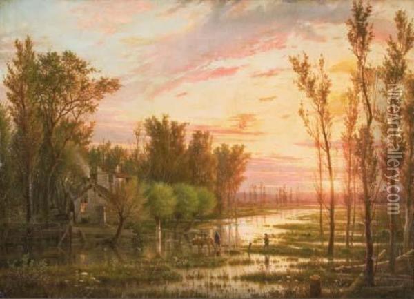 A Country Cottage In A Marsh Landscape Oil Painting - Guido Carmignani