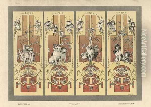 Monkeys cats herons and dogs plate 3 from Fantaisies decoratives Oil Painting - Jules Auguste Habert-Dys