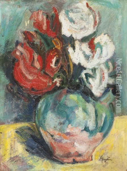 Cyclamen In A Green And Red Jug Oil Painting - George Leslie Hunter