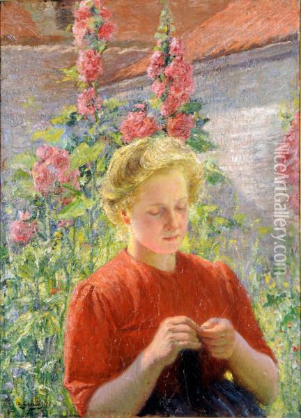 Portrait De Femme Dans Un Jardin Fleuri Oil Painting - Albert Geudens