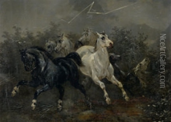 Von Blitz Und Donner Aufgeschreckte Pferde Oil Painting - Joseph Simon Volmar