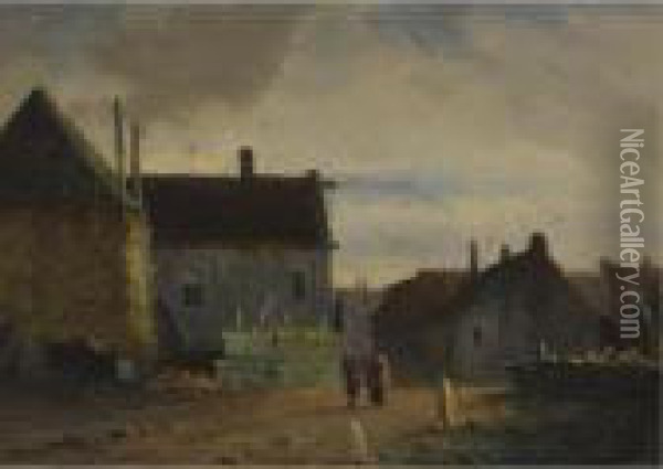 Figures In A Town Near A Haystack Oil Painting - Adrianus Eversen