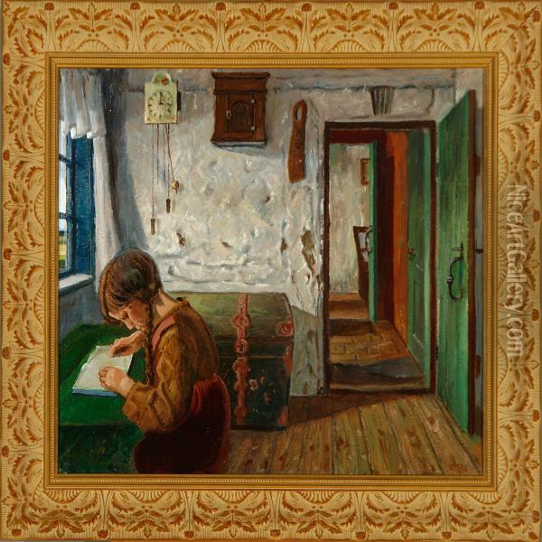 Interior With A Readinggirl Oil Painting - Valdemar Erhardt J. Mau