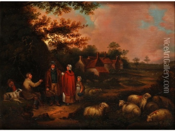 A Shepherd Conversing With A Family Whilst His Sheep Rest By The Side Of The Road, With Buildings Beyond Oil Painting - John Joseph (of Bath) Barker