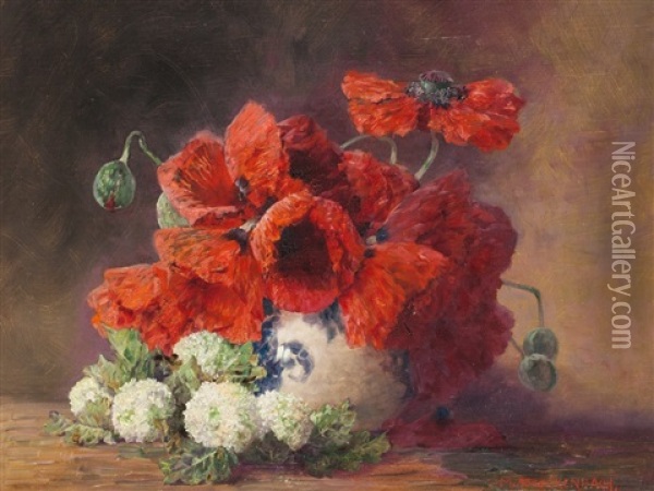 Still Life Poppies & Guelder Rose Oil Painting - Max Theodor Streckenbach
