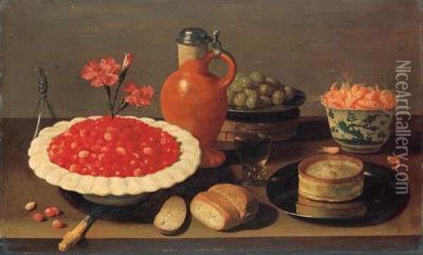 Wild Strawberries In A Porcelain
 Bowl With Carnations, A Stonewareflagon, A Roemer, A Bread Roll, A 
Knife, Green Olives On A Pewterplatter, A Glass, A Pie On A Pewter 
Platter And Shrimps In A Wanlikraak Porselein Bowl On A Wooden Ledge Oil Painting - Jacob Fopsen van Es