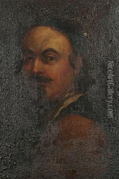 Portrait Of A Man, Bust-length, In A Brown Shirt And A White Collar Oil Painting - Vittore Ghislandi