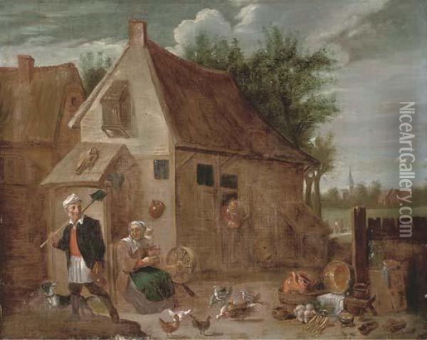 Peasants In A Farmyard With Chickens And A Cockeral Oil Painting - David The Younger Teniers