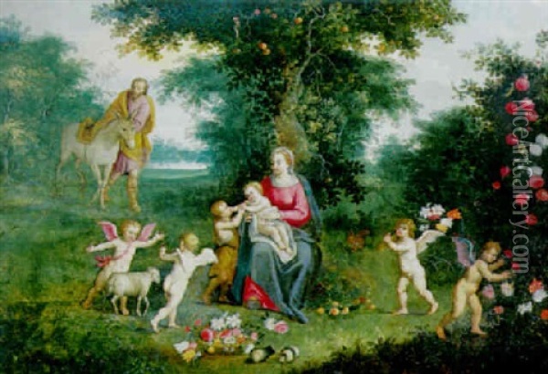 Vierge Et L'enfant, Saint Jean Baptiste, Saint Joseph Et Anges Sur Fond De Paysage Oil Painting - Peeter Van Avont