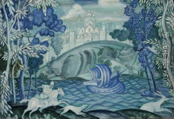 Illustration For A Folk Tale (collab. W/rimma Nikitichna Brailowski) Oil Painting - Leonid Brailowski