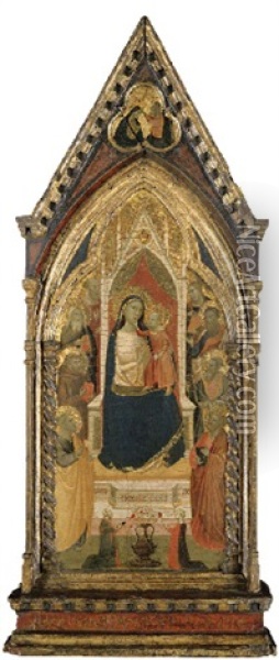The Gould Madonna, Madonna And Child With Saint Peter, Saint Francis And Six Saints Adorned By Two Patrons; Christ Blessing The Virgin In The Pinnacle Oil Painting - Taddeo Gaddi