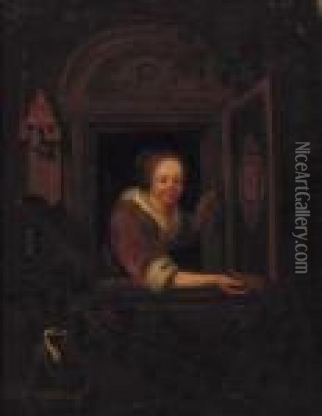 A Lady With A Monkey And A Bullfinch At A Casement Oil Painting - Gerrit Dou