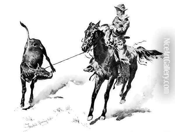 Cowboy Leading Calf Oil Painting - Frederic Remington