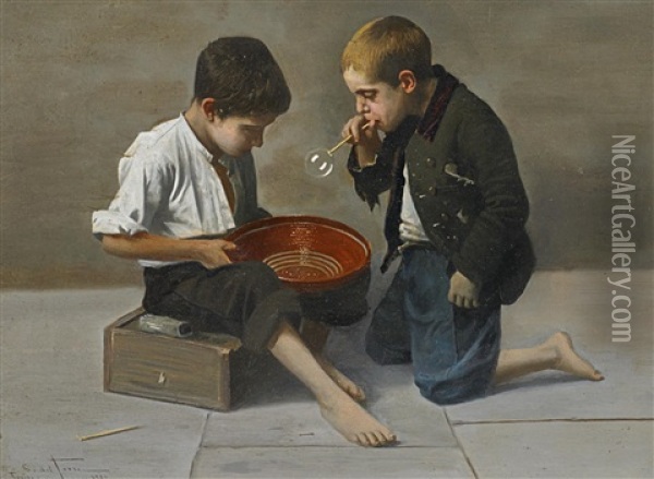 Zwei Jungen Beim Seifenblasen Oil Painting - Giulio Del Torre