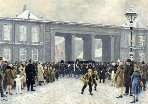 Guards Marching out of Amalienborg Castle (Livgarden marcherer ind mod Amalienborg slotsplads) Oil Painting - Paul-Gustave Fischer