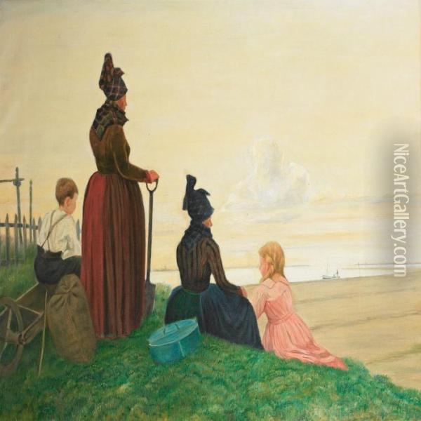 Women And Children From The Island Fanoe Waiting For Thereturned Fisherman Oil Painting - Johan Gudmann Rohde