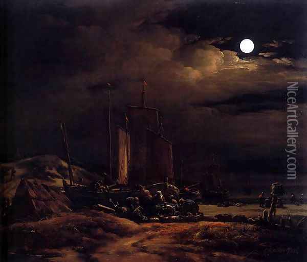 Seashore by Moonlight Oil Painting - Egbert van der Poel
