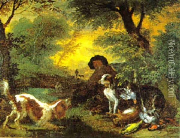 Ein Jager Mit Zwei Hunden In Einer Waldlandschaft Oil Painting - Adriaen de Gryef