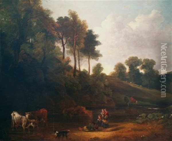 Country Children Watching Cattle Drinking At A Stream Oil Painting - Benjamin (of Bath) Barker